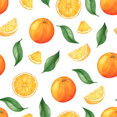 Watercolor seamless pattern orange fruit. Hand drawn botanical illustration, isolated on white background. For wallpaper, textile, wrapping paper.