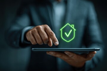 Businessperson touches digital home security icon on tablet