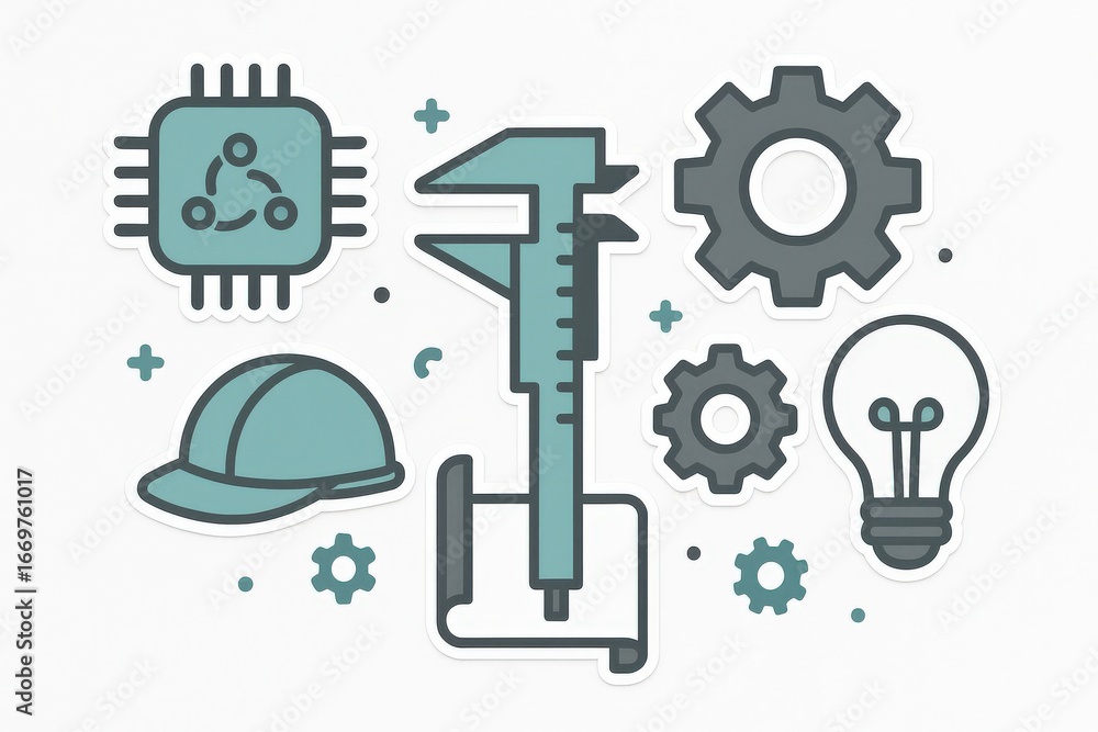 Aufkleber illustrative depiction of engineering tools and symbols merging creativity with innovation including