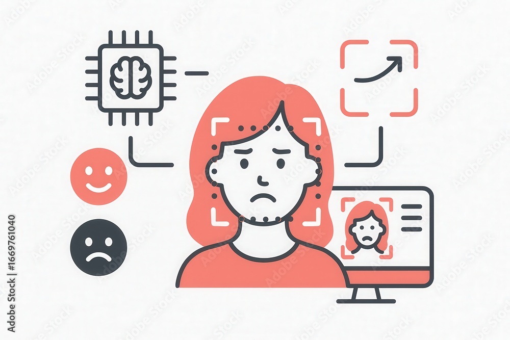 Poster innovative digital portrait depicting emotional expression analysis through facial recognition techn