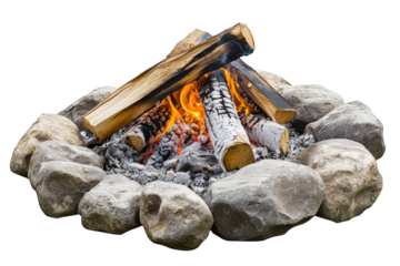 Campfire with burning logs and stones isolated on transparent background