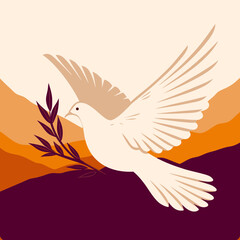 Obraz premium A white pigeon in flight with an olive branch in its paws against a background of stylized wavy mountains in shades of warm orange tones.
