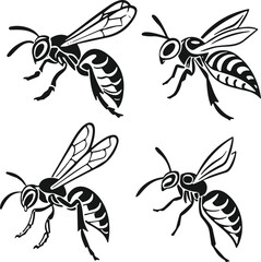 Bee and wasp silhouette set, insect vector illustration, black and white design, striped body, wing detail, antenna, nature icon
