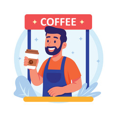 A flat illustration of a barista stands behind a simple coffee stand, holding a coffee cup.