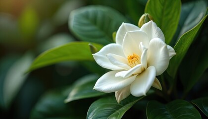 Close-up of white gardenia flower in full bloom, surrounded by green leaves. Delicate blossom features velvety petals, prominent yellow stamen, radiating natural elegance, sense of tranquility.