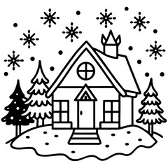 A festive winter landscape illustration with a house, Christmas tree, and snow-covered village at night