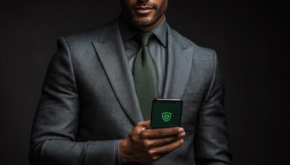 Close-up of a man in a suit holding a phone with a security icon