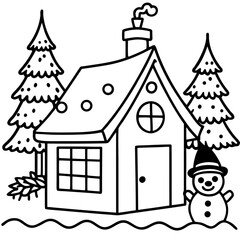 Santa Claus and a snowman stand in front of a festive Christmas house