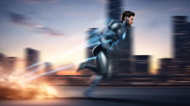 Futuristic Superhero Speedster Zooming Through Cityscape with Energy Trails, Power and Action