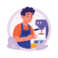 Happy barista making coffee with a coffee machine, flat illustration