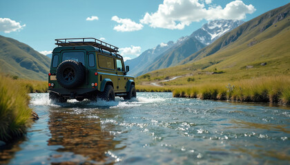 Off-road vehicle navigates river in mountainous landscape. Clear blue sky with clouds above green grassy hills. Rugged 4x4 SUV drives through water, symbolizing adventure, exploration, nature travel.