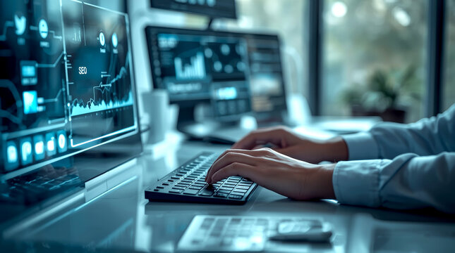 Digital Marketing Strategy. single marketing professional is working at a clean, well-organized desk, surrounded by glowing holographic screens displaying, SEO analytics, and digital ad campaigns