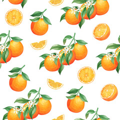 Watercolor seamless pattern orange fruit. Hand drawn botanical illustration, isolated on white background. For wallpaper, textile, wrapping paper.