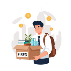 Flat style vector illustration of a sad businessman carrying a box labeled fired with personal belongings, symbolizing unemployment, financial stress, career loss, and economic challenges