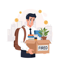 Flat style vector illustration of a sad businessman carrying a box labeled fired with personal belongings, symbolizing unemployment, financial stress, career loss, and economic challenges