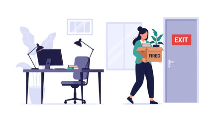 Vector illustration of a female employee leaving the office with a box labeled fired, symbolizing workplace termination, unemployment, career setback, and corporate downsizing