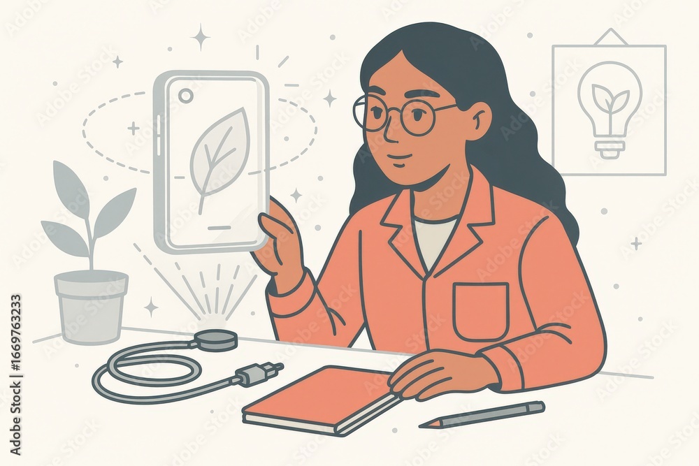 Poster innovative woman creatively engaging with plant tech while examining a smartphone displaying a leaf 