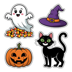 Fototapeta premium Halloween ghost pumpkin black cat and witch hat cute art
