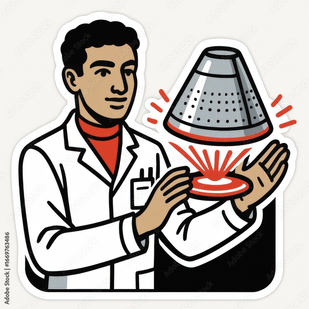 Poster scientist demonstrating innovative laser technology with a futuristic device creating intricate ener