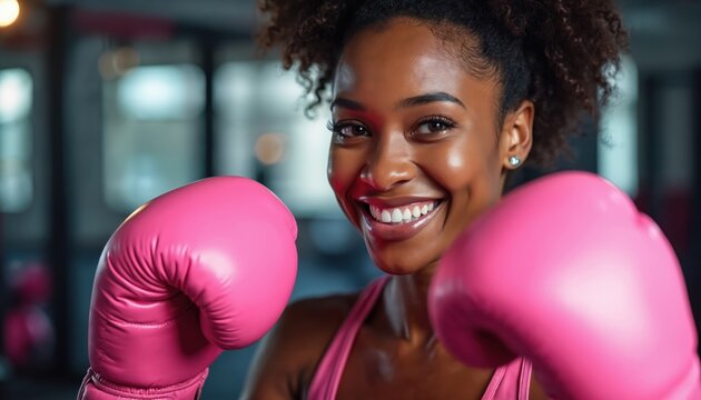 Smiling woman wearing pink boxing gloves, ready for training or competition. Fitness and healthy lifestyle concept. Active female fighter showcasing strength and power in gym setting. - Powered by Adobe