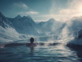 A person relaxing in an outdoor hot spring surrounded by snowy mountains