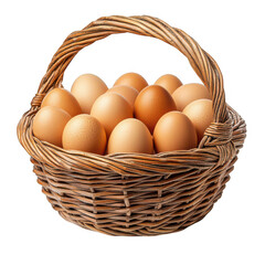 Basket full of fresh brown chicken eggs isolated on transparent background in studio shot