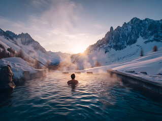 A person relaxing in an outdoor hot spring surrounded by snowy mountains