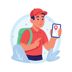 Bearded courier shows order confirmation on mobile delivery app.