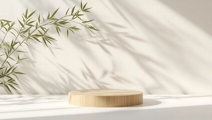 Minimalist wooden podium for product display with bamboo leaves and shadows in sunlight, perfect for cosmetic and beauty presentation and natural theme