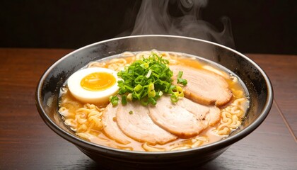 Steaming bowl of ramen with sliced pork, half boiled egg, and green onions, presented on a wooden surface.