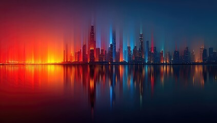 Fototapeta premium Vibrant city skyline at twilight, reflected in still water
