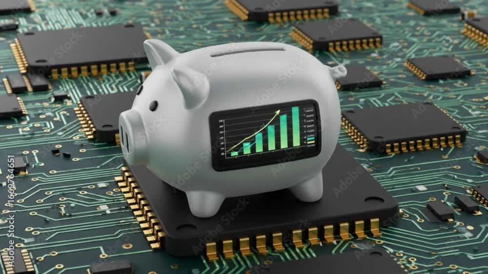 Poster a piggy bank with a graph on its side sits on a computer chip surrounded by other chips and circuit 