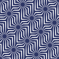 Geometric seamless repeating pattern with an intricate design of thin white lines on a blue background. Contemporary ethnic style. Striped linear texture. Abstract vector illustration.