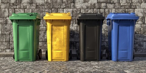 Naklejka premium The Trash Bins Lined Up Against Stone Wall On Sunny Urban Street