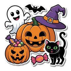 Obraz premium Halloween pumpkin ghost bat cat witch hat candy cartoon