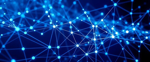 Abstract blue nodes linked by lines forming complex digital network system,  ai,  innovation