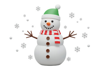 Isolated rendering of cute snowman with a green hat and striped scarf for holiday themes