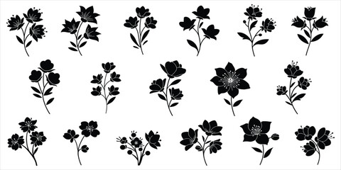 Assortment of Black Silhouette Floral Sprigs and Blooms flower blossom
