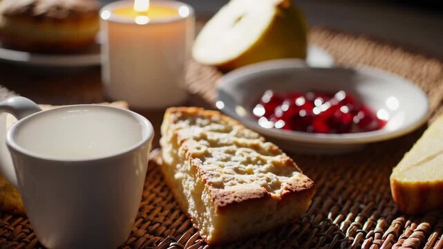 Cozy breakfast setting with candlelight, tea, bread, and fruit display