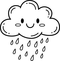 Cute happy cloud raining drops doodle illustration weather concept vector