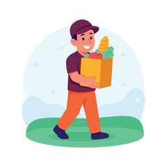 Courier delivers a grocery bag with vegetables and bread, premium flat illustration
