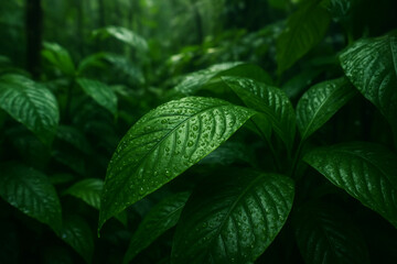 Lush Green Plant Leaf with Dewdrops Freshness Nature Background