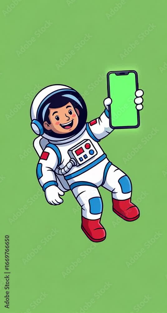 Poster animated astronaut floats in space, showcasing a green screen phone for advertising and mobile app i