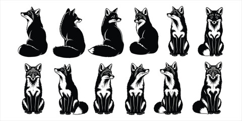 Collection of black and white fox illustrations in various poses and orientations Keywords: fox, foxes