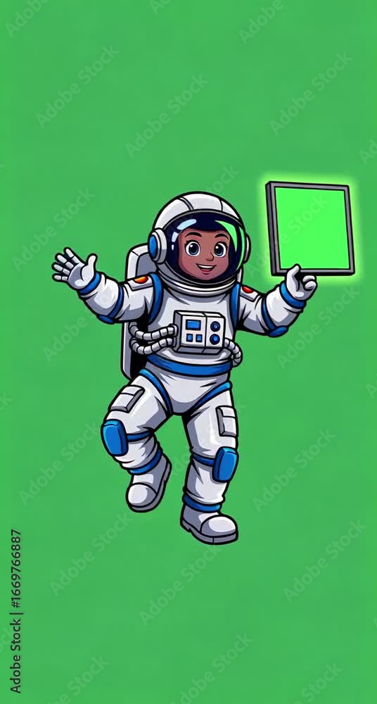 Poster animated astronaut floats with green screen tablet for space exploration and educational content cre