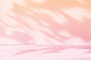 Abstract pink color gradient studio background for product presentation. Empty room with shadows of flowers and plant leaves. 3d orange room with copy space. Summer concept. Blurred backdrop