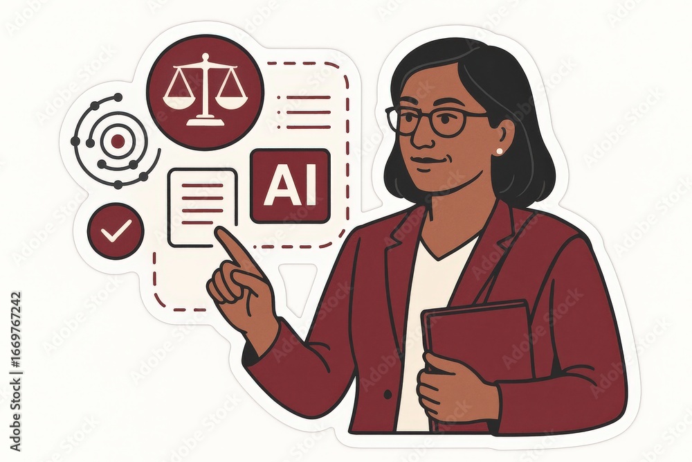 Aufkleber professional woman confidently explaining ai implications on legal frameworks while emphasizing ethi
