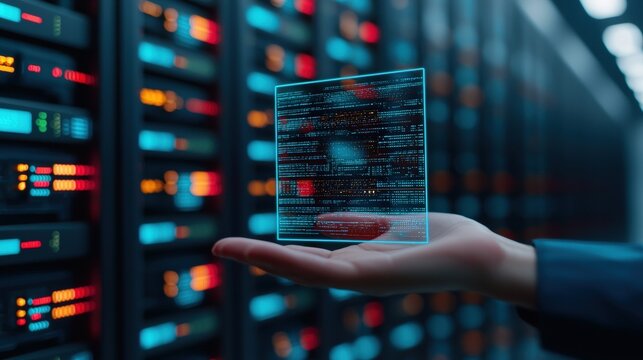 Cloud based access control, A person holds a holographic display showcasing data against a backdrop of illuminated server racks, symbolizing technology and data management.
