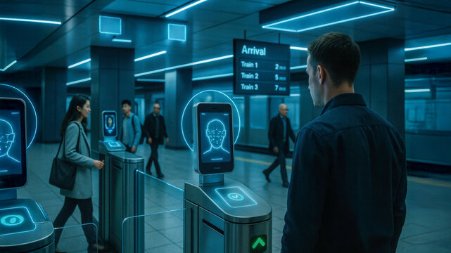 Futuristic metro station with face recognition technology, digital security control system, modern public transport infrastructure, urban innovation and passenger identification network