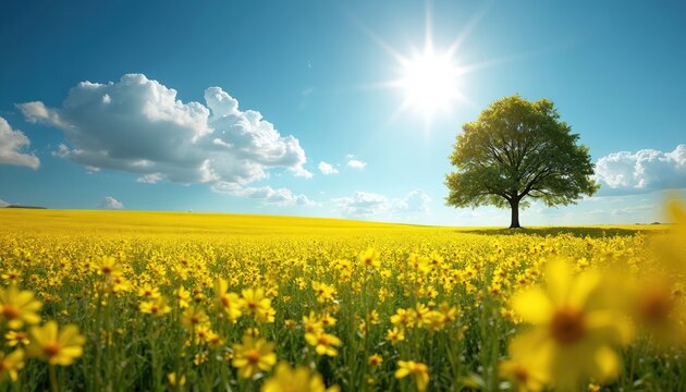 Idyllic landscape featuring solitary green tree in vast field of blooming yellow flowers under bright sunny blue sky with fluffy white clouds. Sunshine radiates brightly. Scenic countryside view - Powered by Adobe